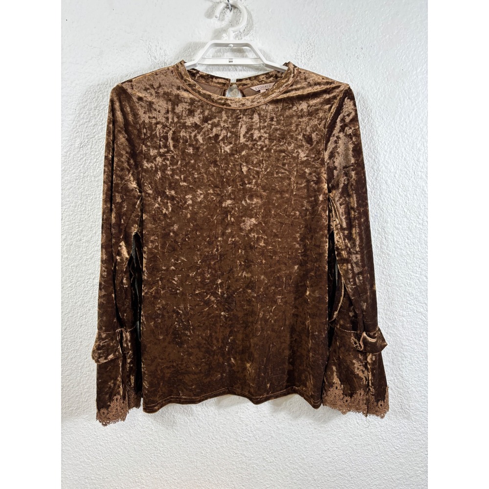 Esqualo Brown‎ Crushed Velvet Lace Trim Bell Sleeve Top US 14 W18.08705